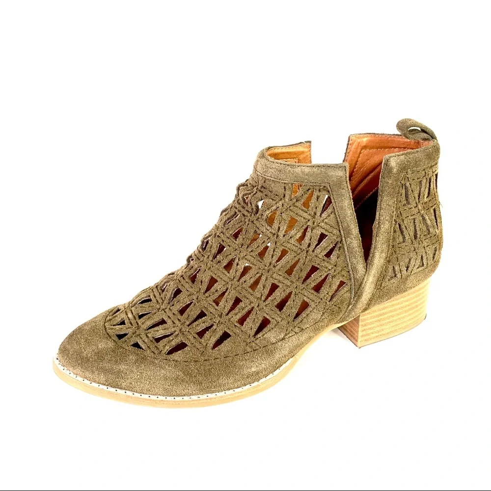 JEFFREY CAMPBELL Coastal Cowgirl Western Sagat Laser Cut Olive Suede Boots, 8.5